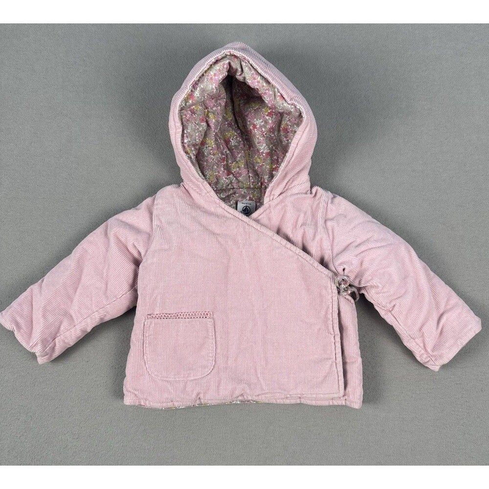 Petit Bateau Corduroy Hooded Jacket 6M Pink Wrap Front Padded French Baby Shower
